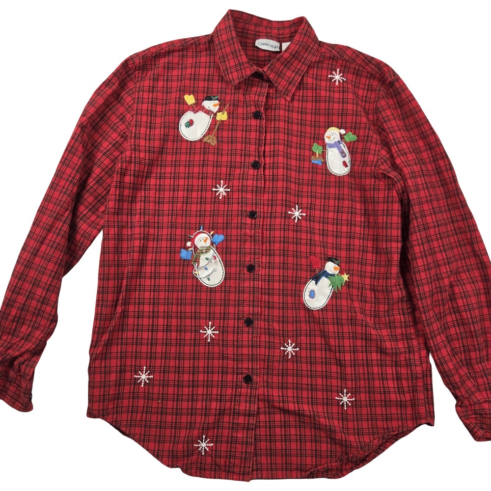 Cabin Creek Red Plaid Snowman Embroidered Button Down Shirt Small Christmas 90s